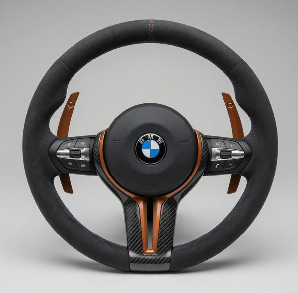Volante M Sport F-Series — Alcantara + Levas Cobre